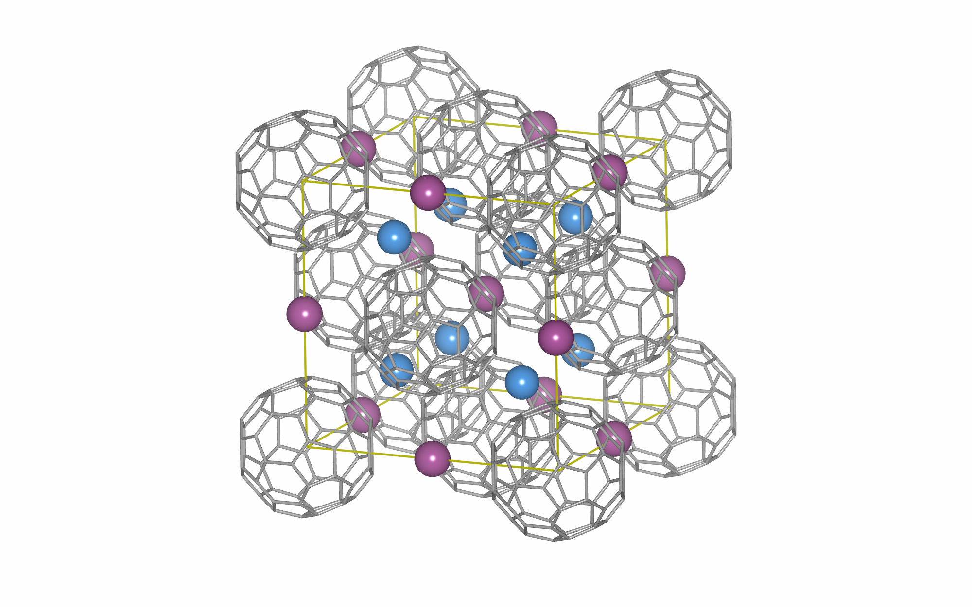 図１：灰色のボールの様な物は炭素が60個集まって形成されたフラーレンC60分子。C60結晶格子の中には2種類の隙間（赤と青の球）が存在し、様々な物質を添加することができる。