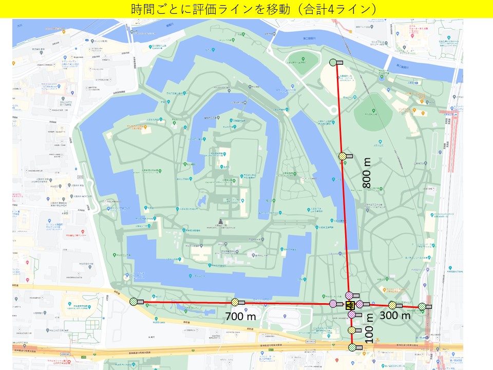 大阪城音楽堂で予定している計測点、時間ごとに評価ラインを移動（合計4ライン）