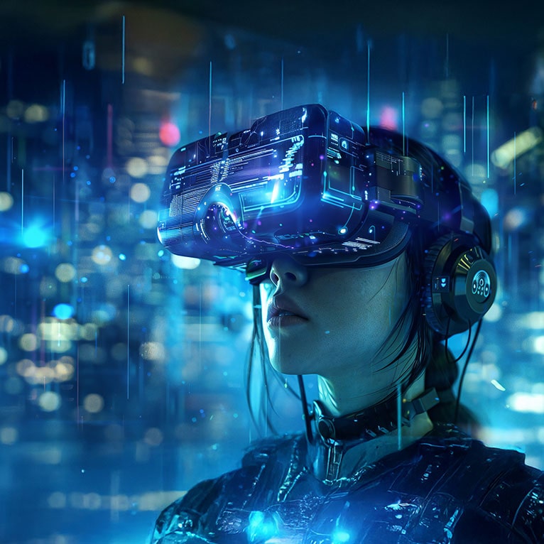 VRゴーグルをつけたサイバーな印象の女性