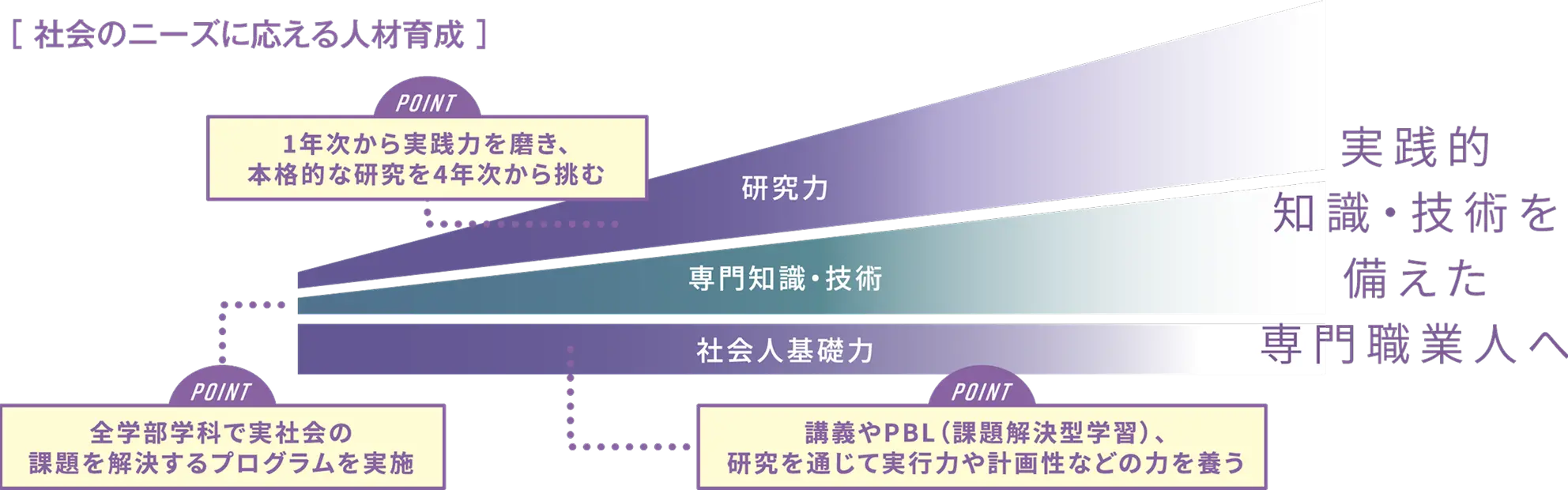 社会のニーズに応える人材育成　社会人基礎力：講義やPBL（課題解決型学習）、研究を通じて実行力や計画性などの力を養う　専門知識・技術：全学部学科で実社会の課題を解決するプログラムを実施　研究力：1年次から実践力を磨き、本格的な研究を4年次から挑む　実践的知識・技術を備えた専門職業人へ