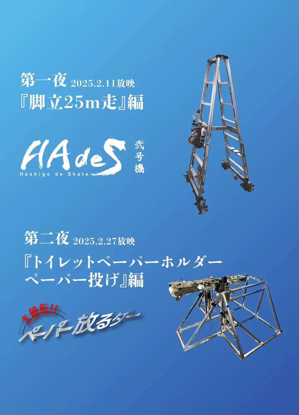ロボット『HAdes 弐号機』のプロモーション画像。第一夜『脚立25m走』編（2025年2月11日放映）、第二夜『トイレットペーパーホルダー ペーパー投げ』編（2025年2月27日放映）を紹介。番組名は『ペーパー放るダー』。