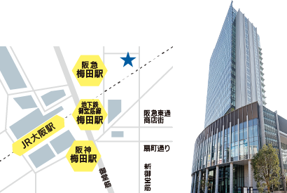 梅田キャンパスの外観とキャンパスまでの周辺マップ