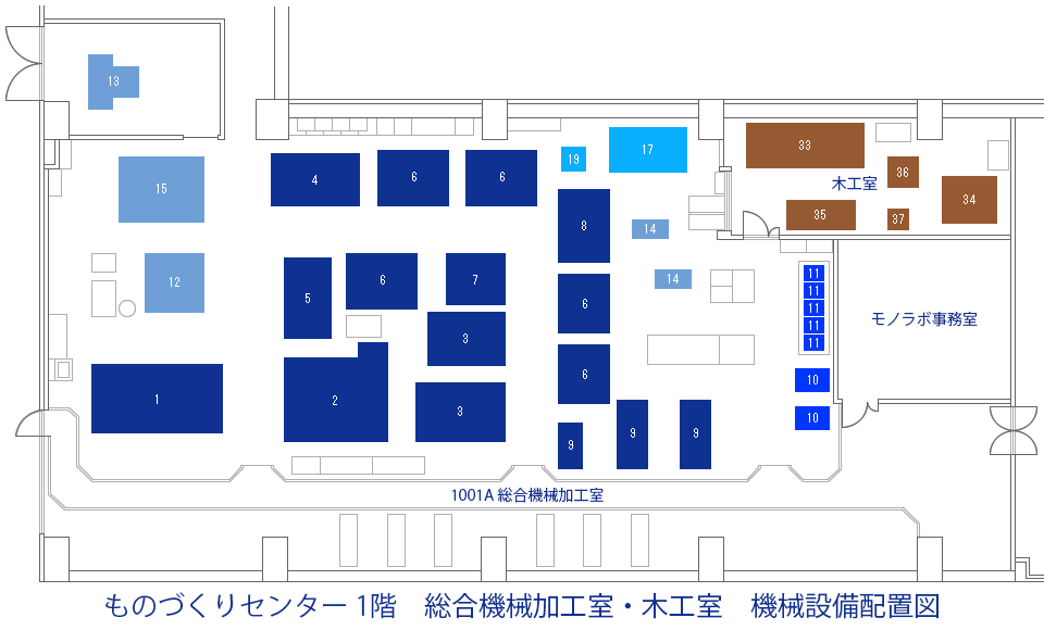 ものづくりセンター1階 総合機械加工室・木工室 機械設備配置図