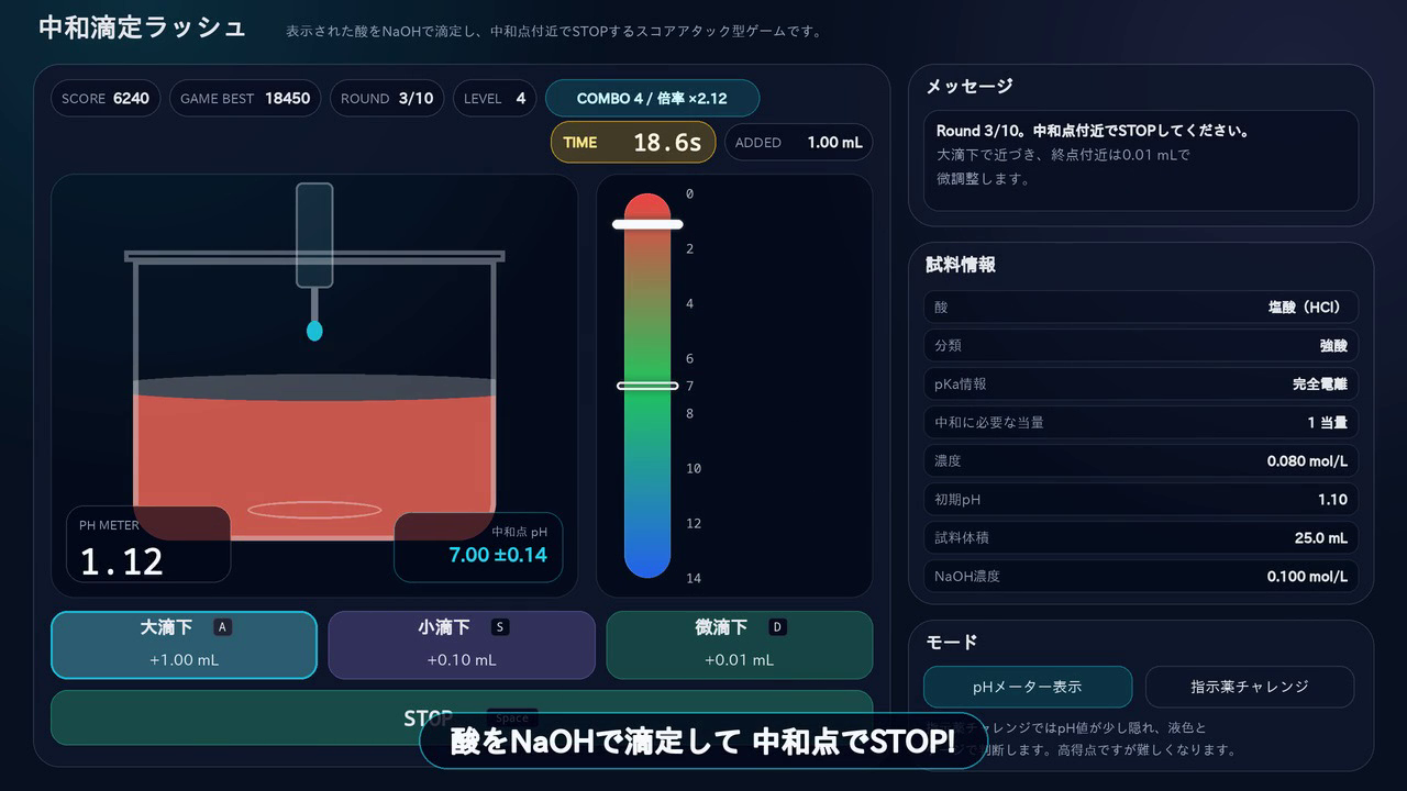 中和滴定ラッシュのゲーム画面のスクリーンショット